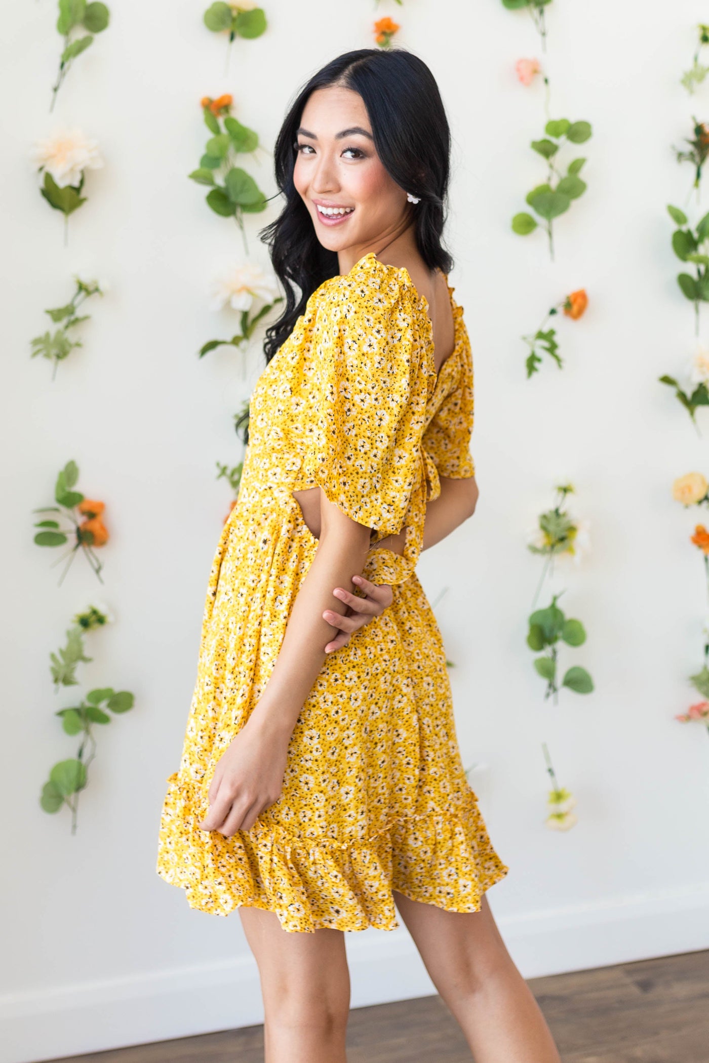 Amber Floral Open Back Bell Sleeve Short Dress