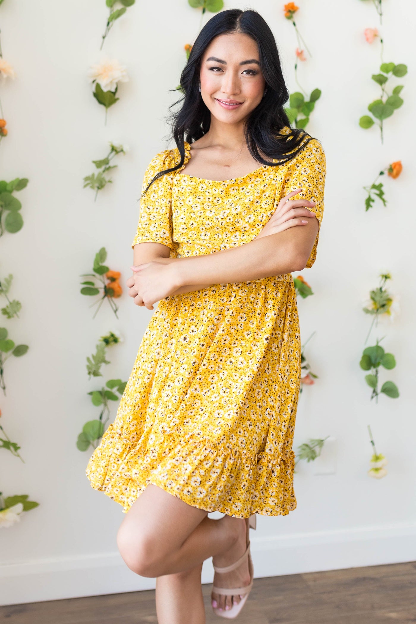 Amber Floral Open Back Bell Sleeve Short Dress