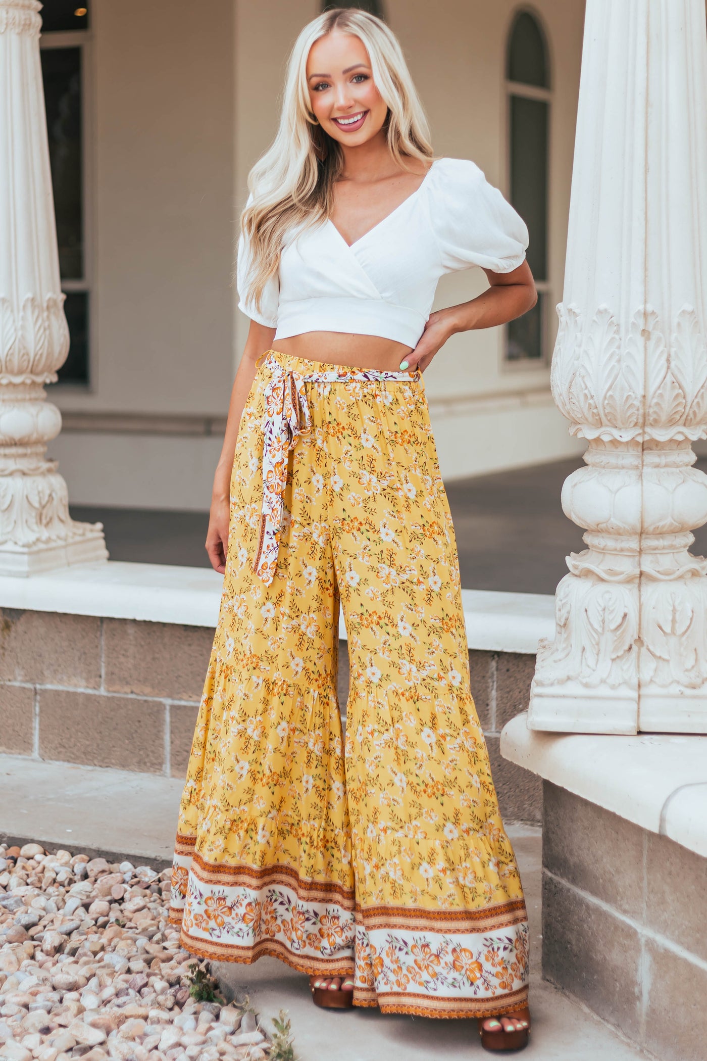 Amber Floral Print Wide Leg Waist Tie Pants