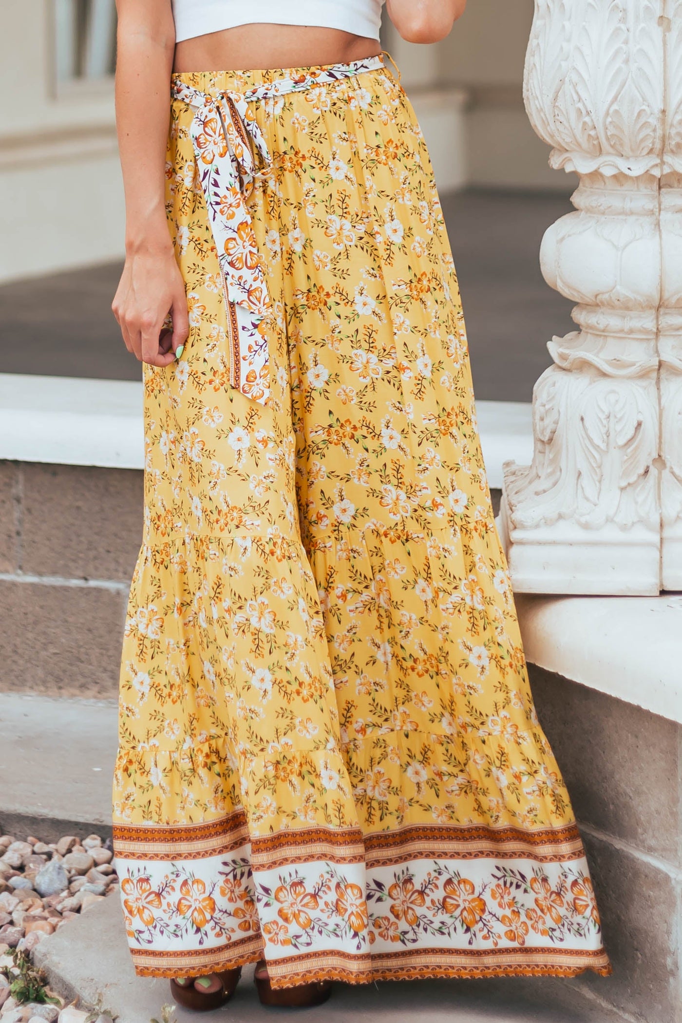 Amber Floral Print Wide Leg Waist Tie Pants