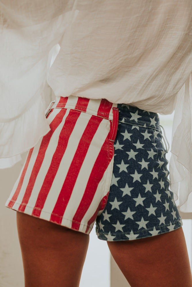 American Flag Relaxed Fit Stretchy Denim Shorts