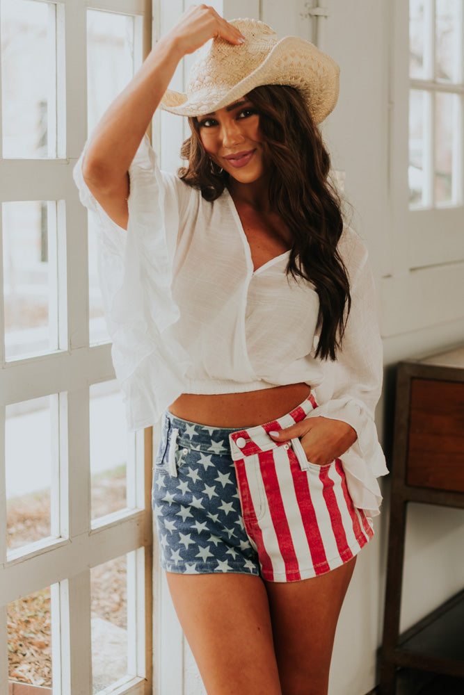 American Flag Relaxed Fit Stretchy Denim Shorts