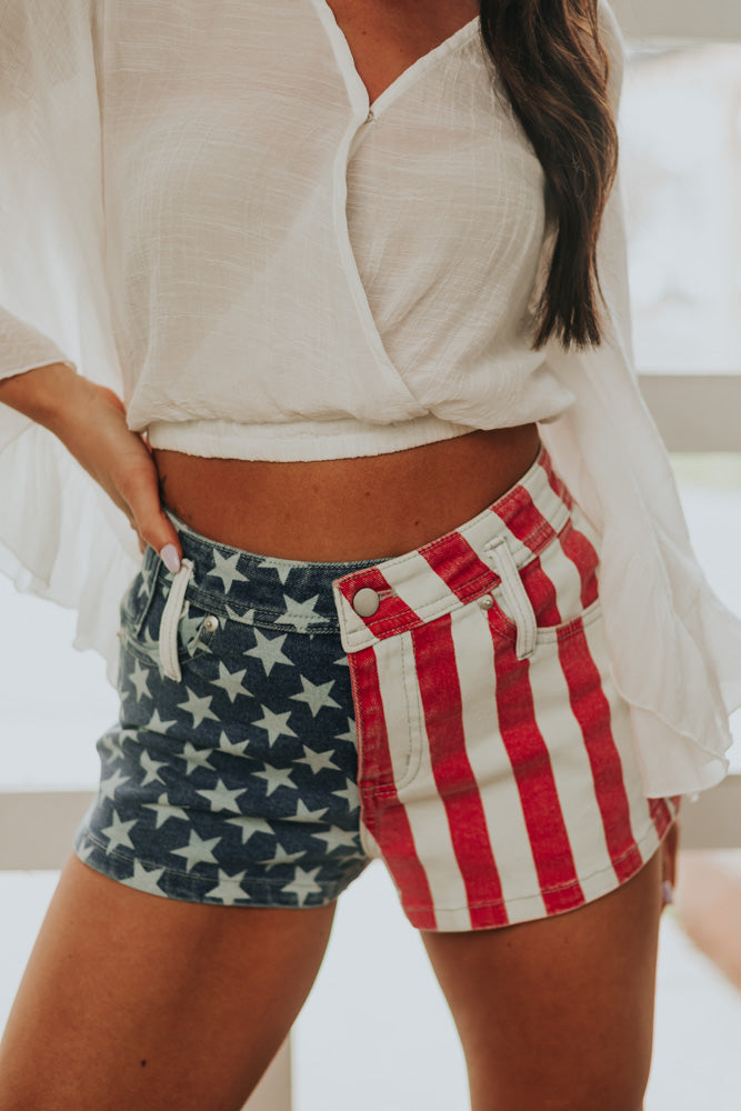 American Flag Relaxed Fit Stretchy Denim Shorts