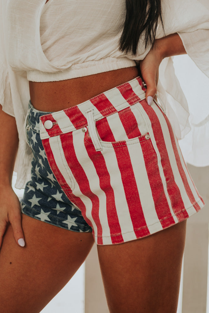 American Flag Relaxed Fit Stretchy Denim Shorts