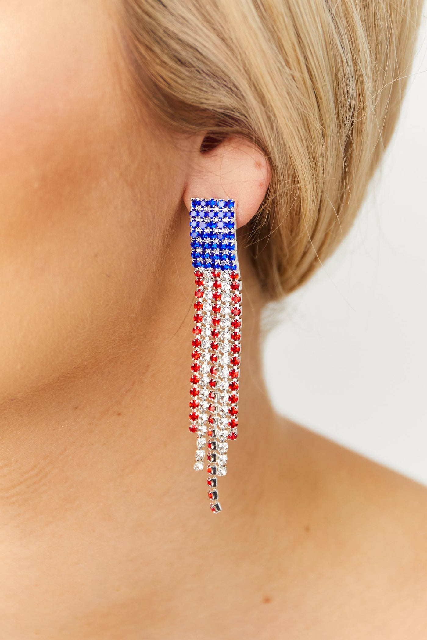 American Flag Rhinestone Paved Fringe Earrings