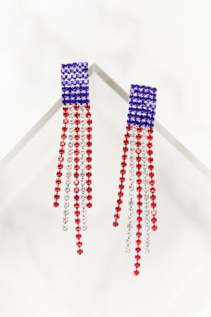 American Flag Rhinestone Paved Fringe Earrings