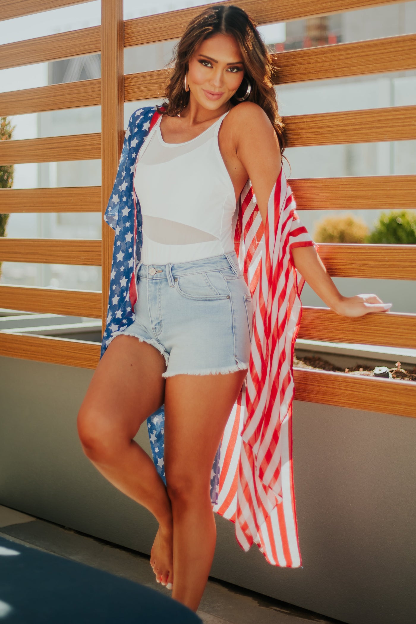 Americana Knee Length Deep Side Slit Sheer Kimono