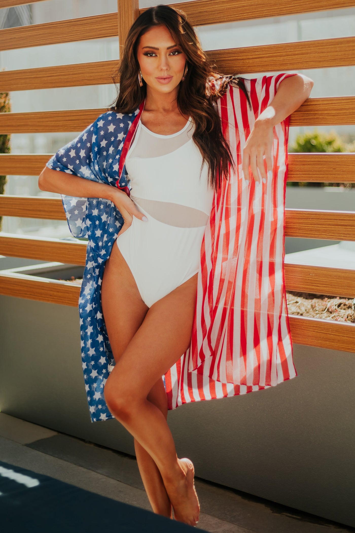 Americana Knee Length Deep Side Slit Sheer Kimono