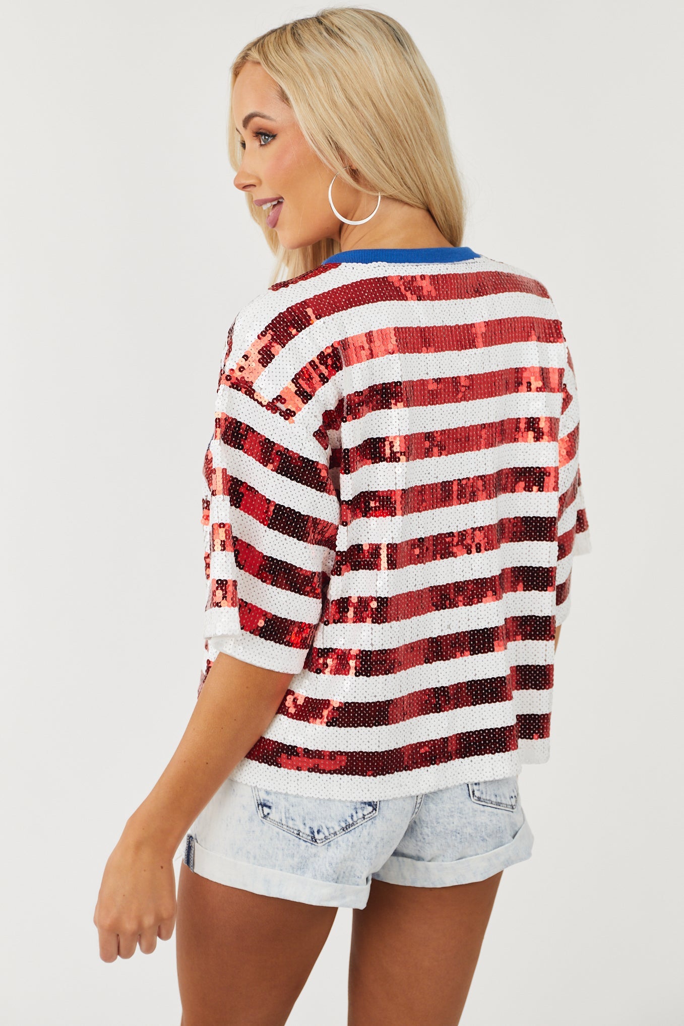 Americana Print Sequined Short Sleeve Top