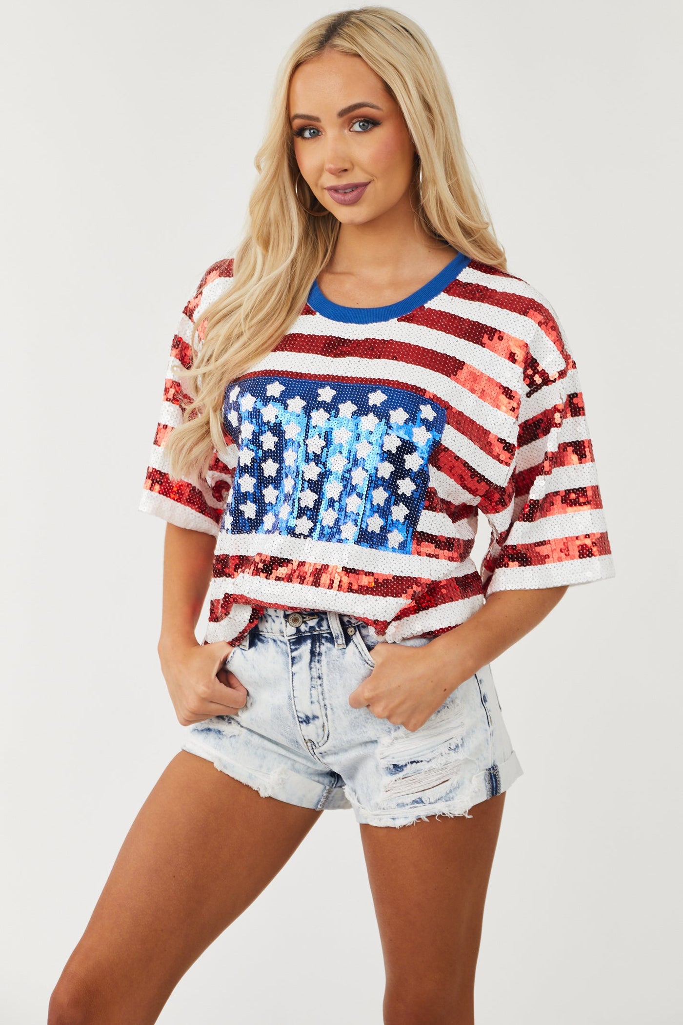 Americana Print Sequined Short Sleeve Top