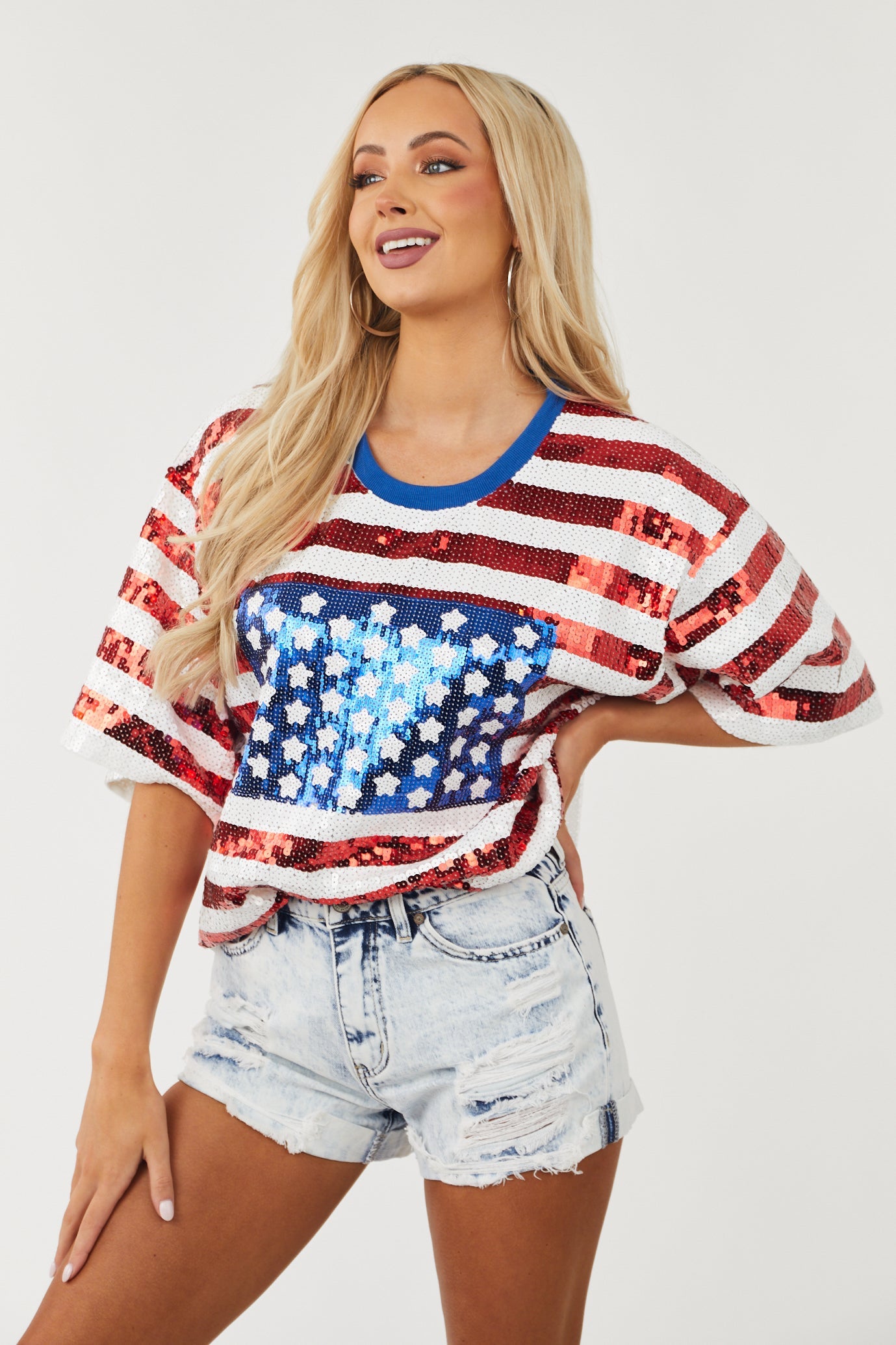 Americana Print Sequined Short Sleeve Top