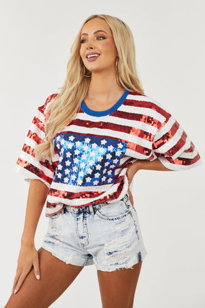 Americana Print Sequined Short Sleeve Top