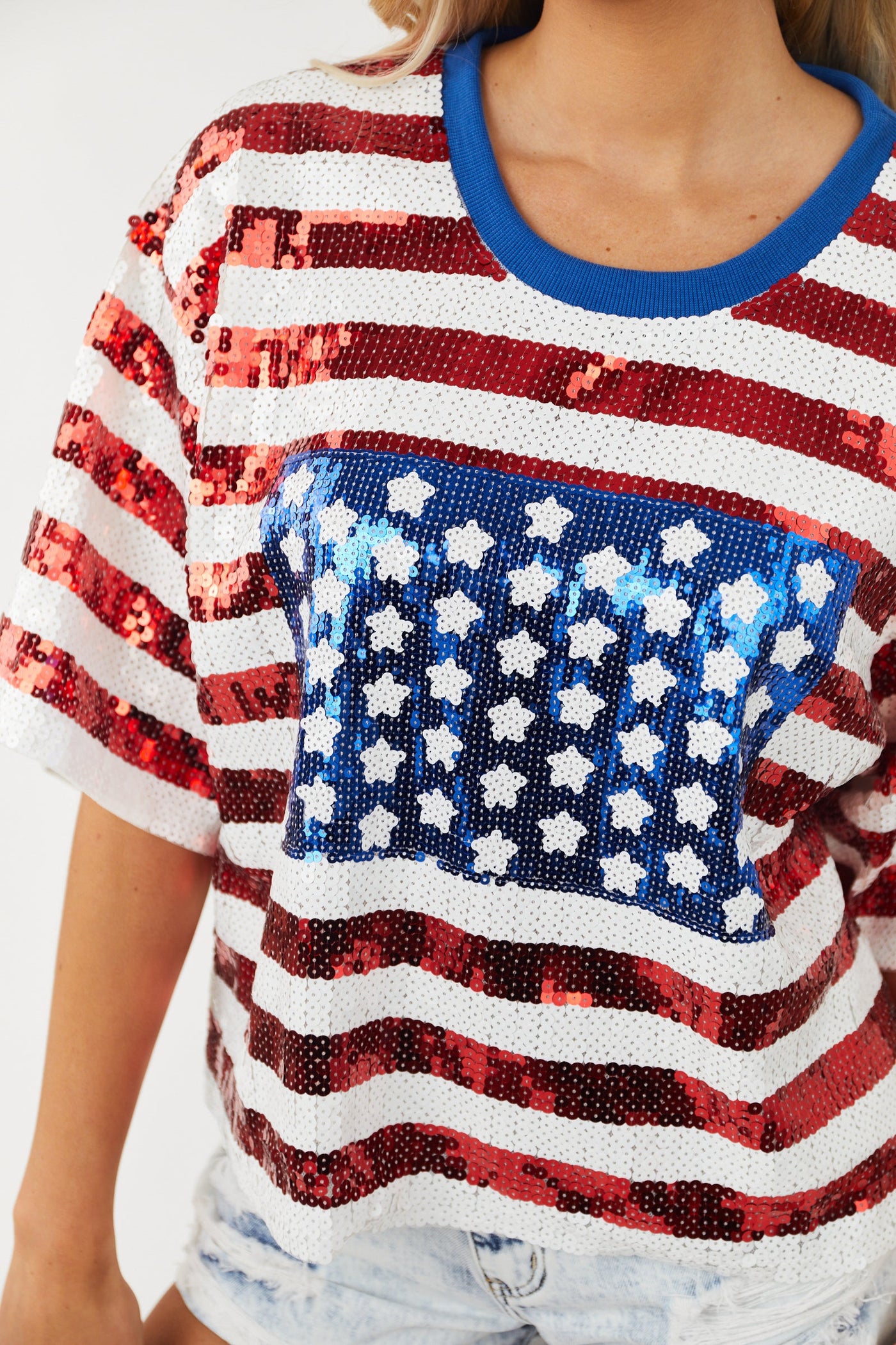 Americana Print Sequined Short Sleeve Top