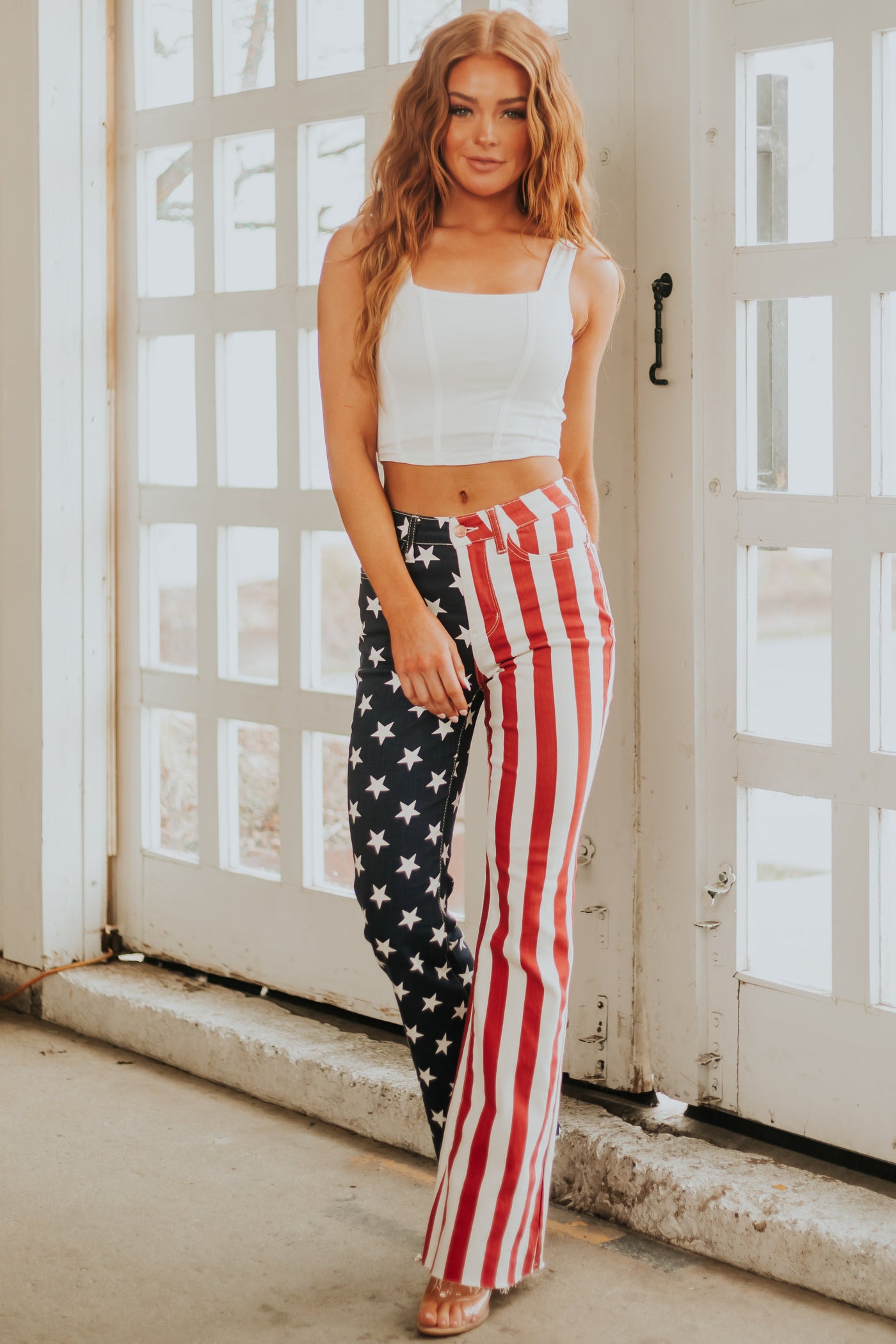 Americana Print Vintage High Rise Flare Jeans