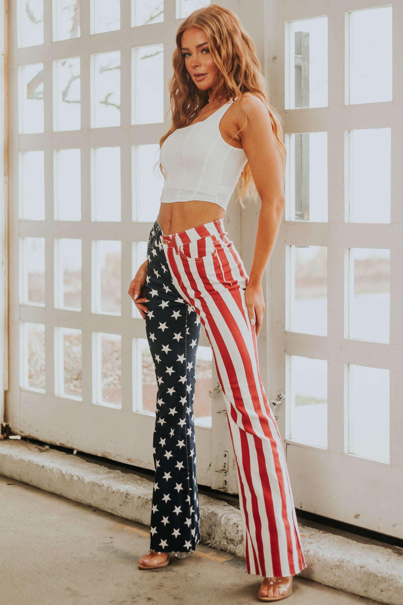 Americana Print Vintage High Rise Flare Jeans