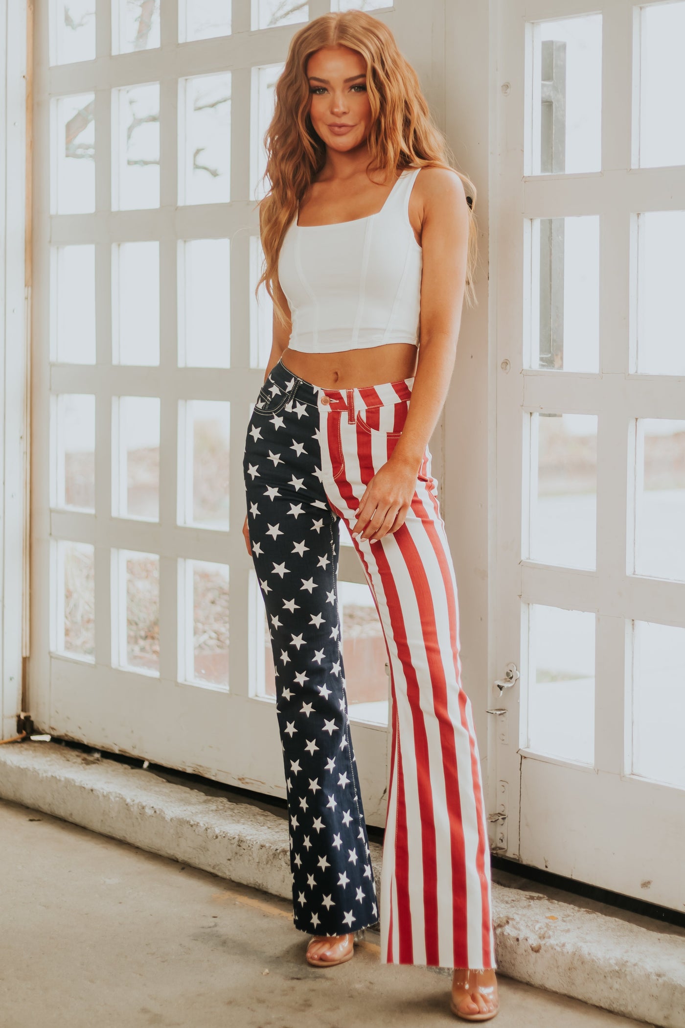 Americana Print Vintage High Rise Flare Jeans