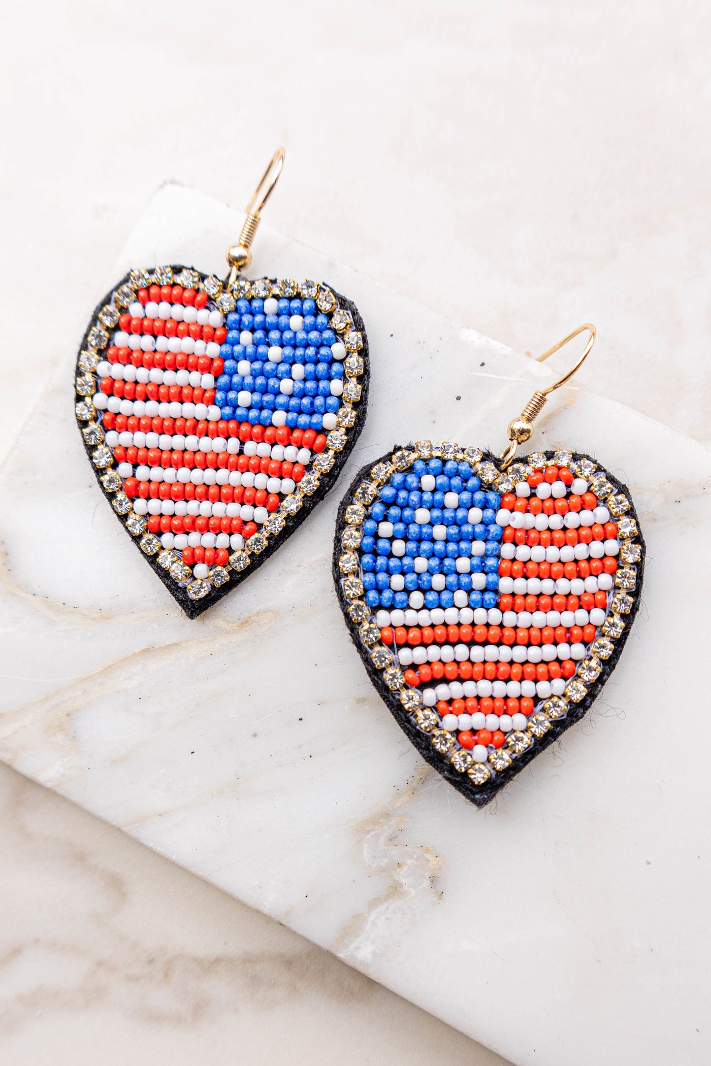 Americana Heart Seed Bead Dangle Earrings