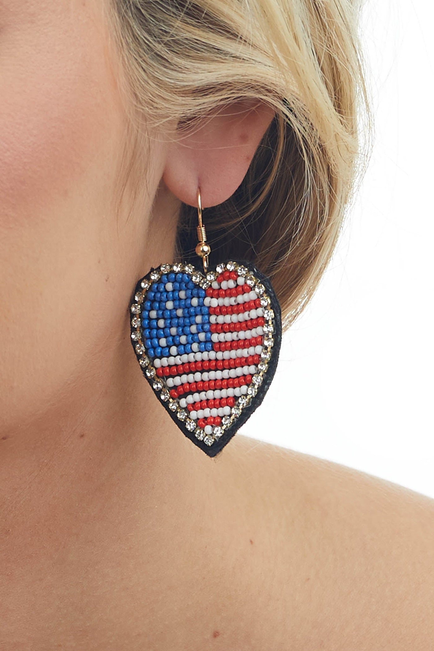 Americana Heart Seed Bead Dangle Earrings