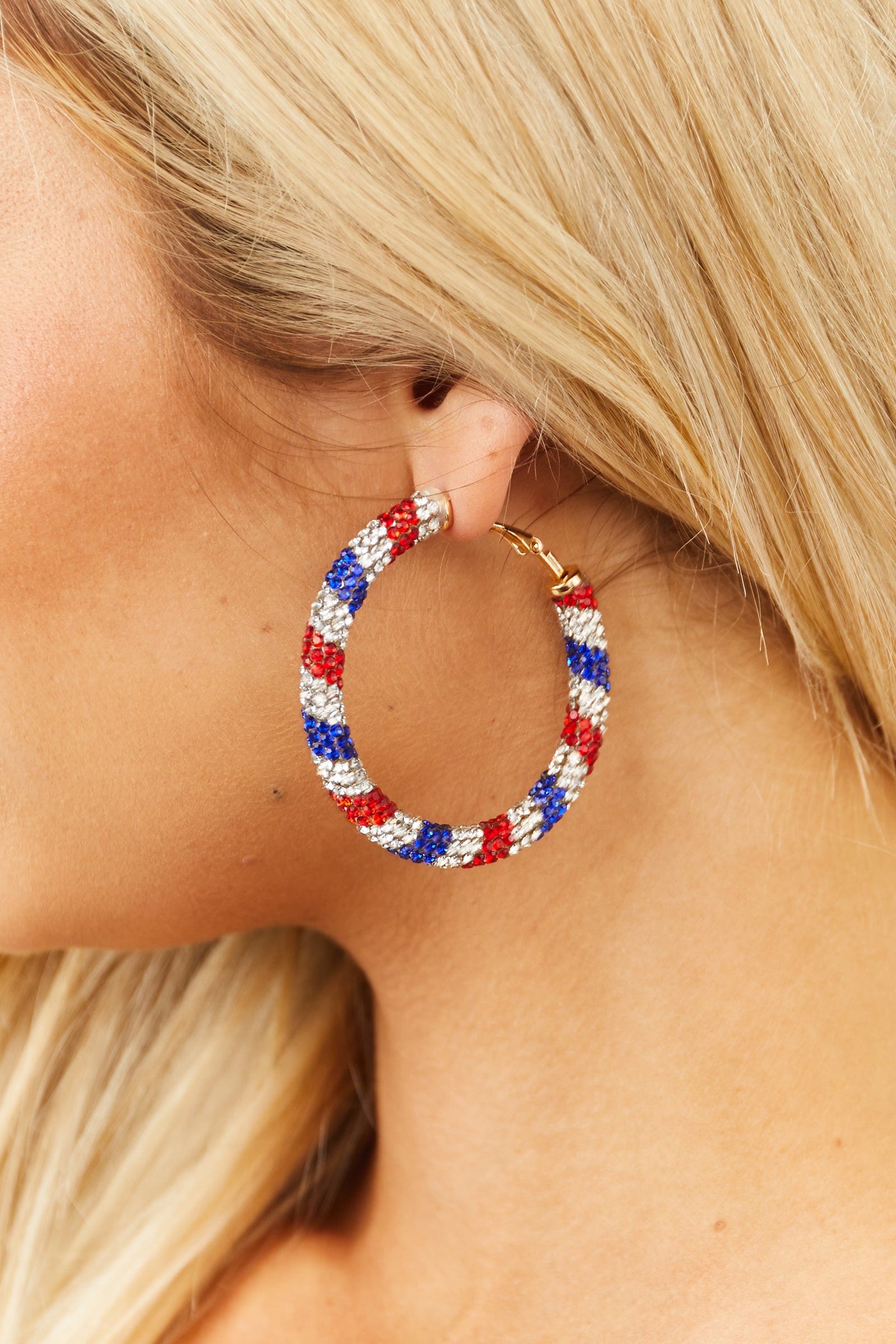 Americana Rhinestone Hinged Clasp Twisted Hoop Earrings