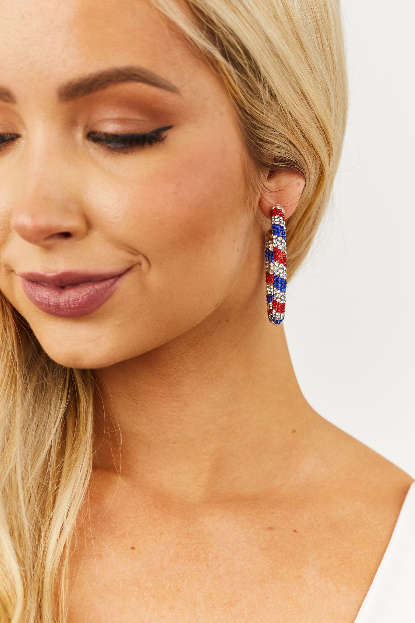 Americana Rhinestone Hinged Clasp Twisted Hoop Earrings