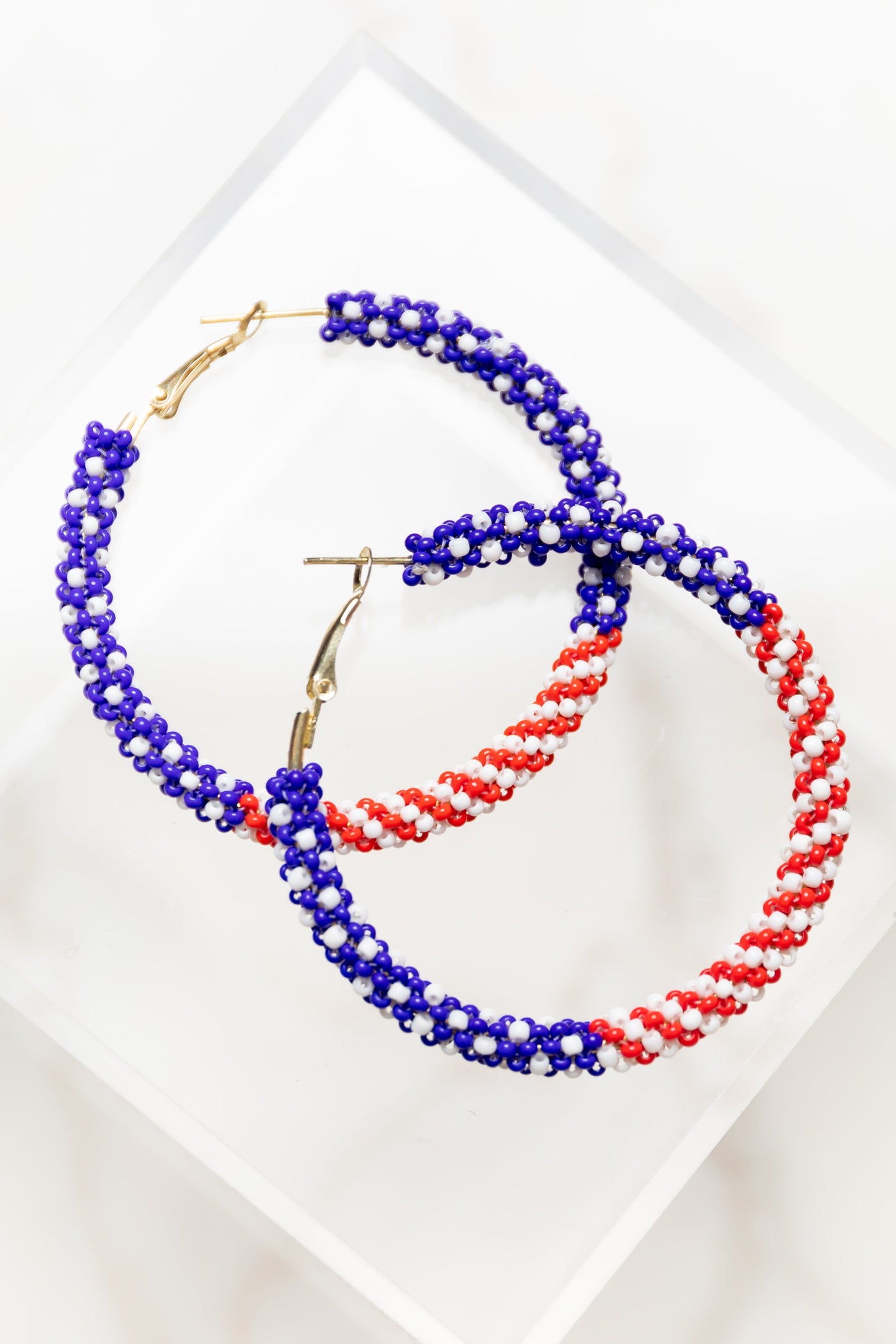 Americana Seed Bead Hinged Clasp Hoop Earrings