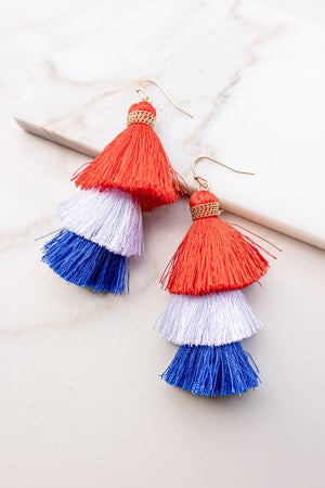 Americana Three Tier Tassel Dangle Hook Earrings