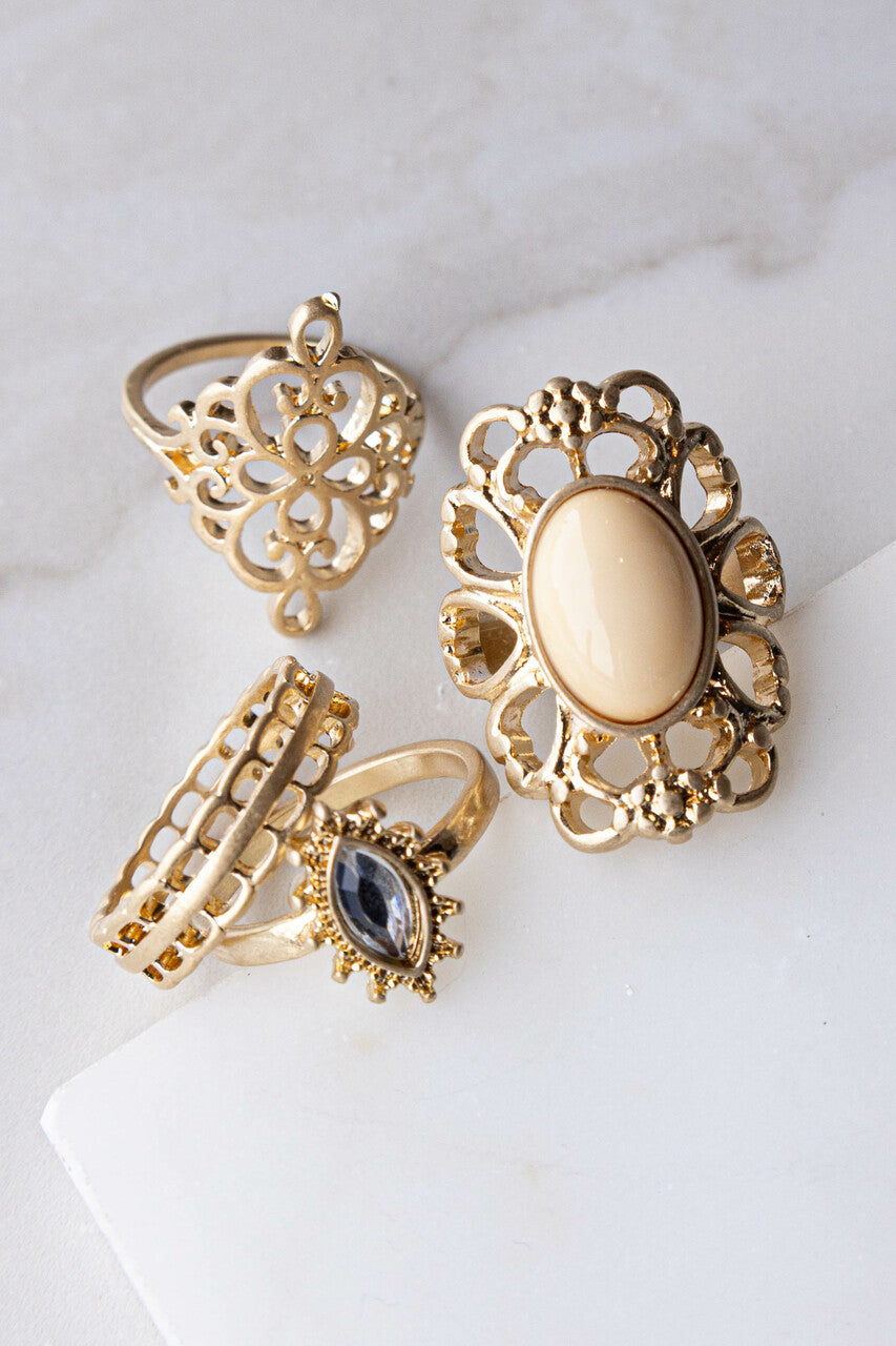 Antique Gold Filigree Stone 4 Piece Ring Set