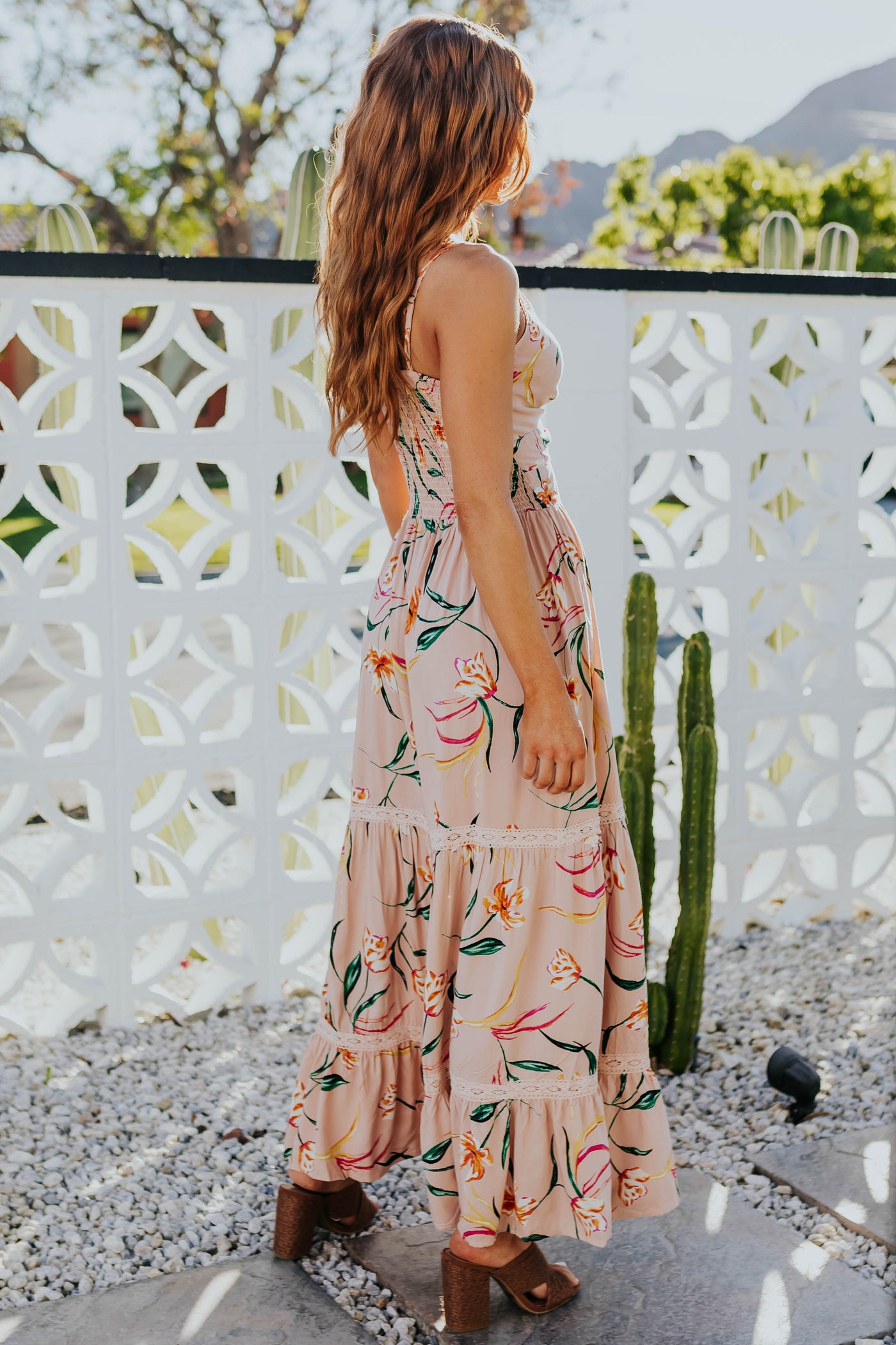 Apricot Floral Front Knot Sleeveless Maxi Dress