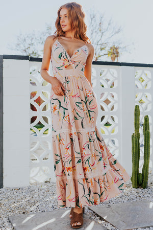 Apricot Floral Front Knot Sleeveless Maxi Dress