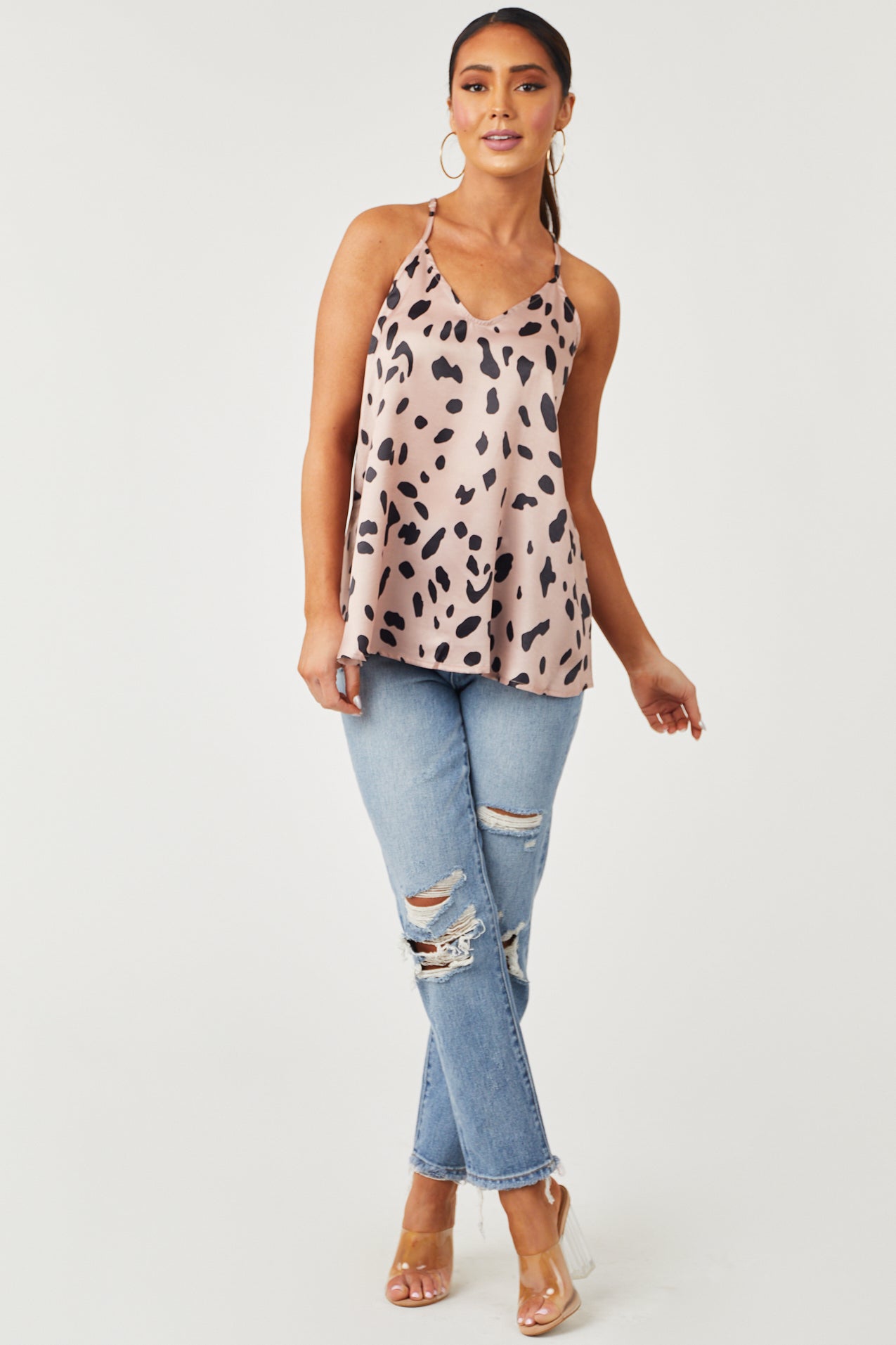 Apricot Leopard Print V Neck Satin Tank Top
