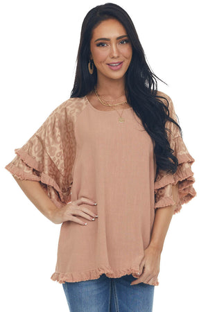 Apricot Leopard Tiered Sleeve Textured Blouse