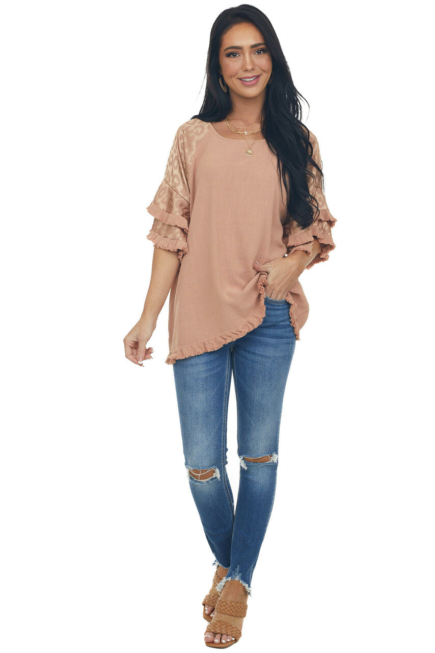 Apricot Leopard Tiered Sleeve Textured Blouse