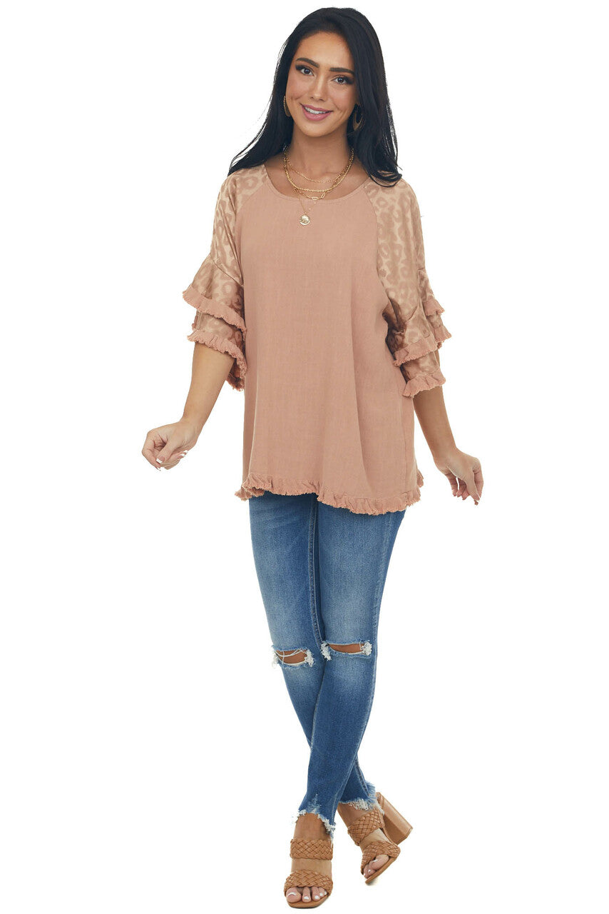 Apricot Leopard Tiered Sleeve Textured Blouse