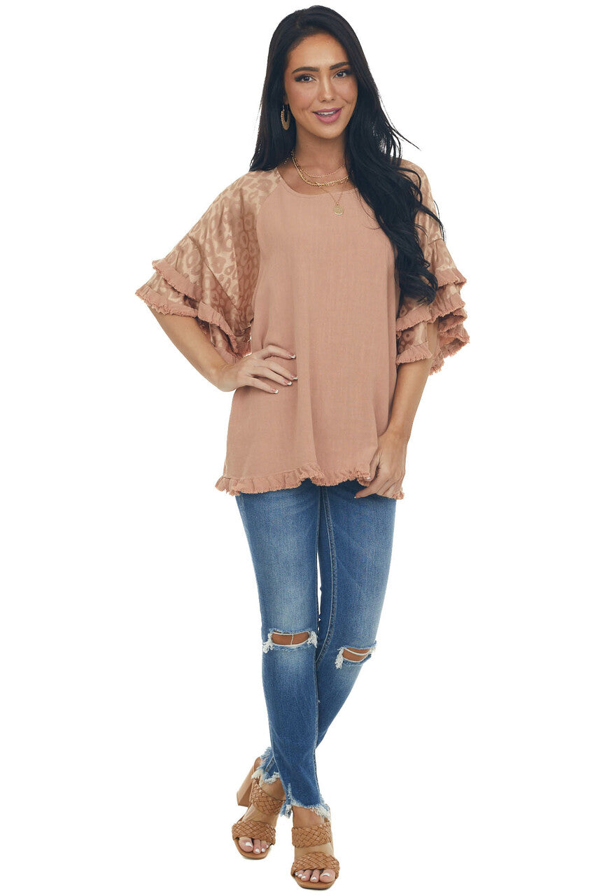 Apricot Leopard Tiered Sleeve Textured Blouse