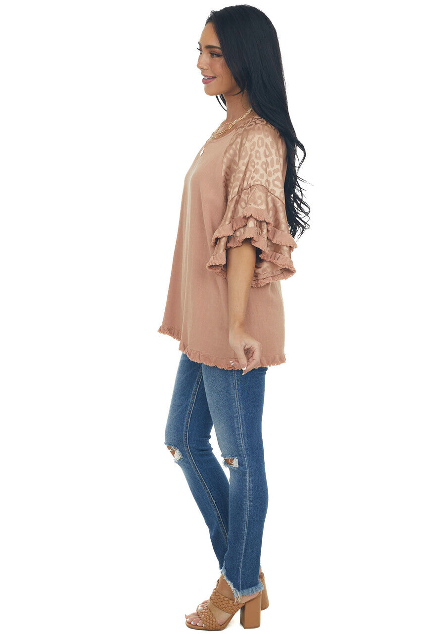 Apricot Leopard Tiered Sleeve Textured Blouse