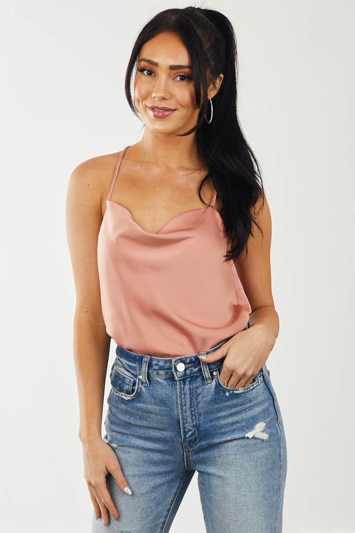 Apricot Satin Cowl Neck Spaghetti Strap Cami