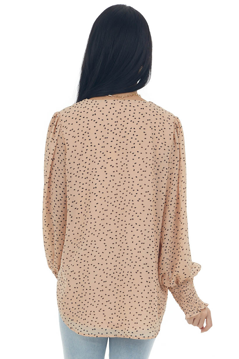 Apricot Spotted V Neck Bubble Sleeve Blouse