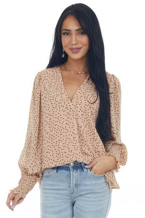 Apricot Spotted V Neck Bubble Sleeve Blouse