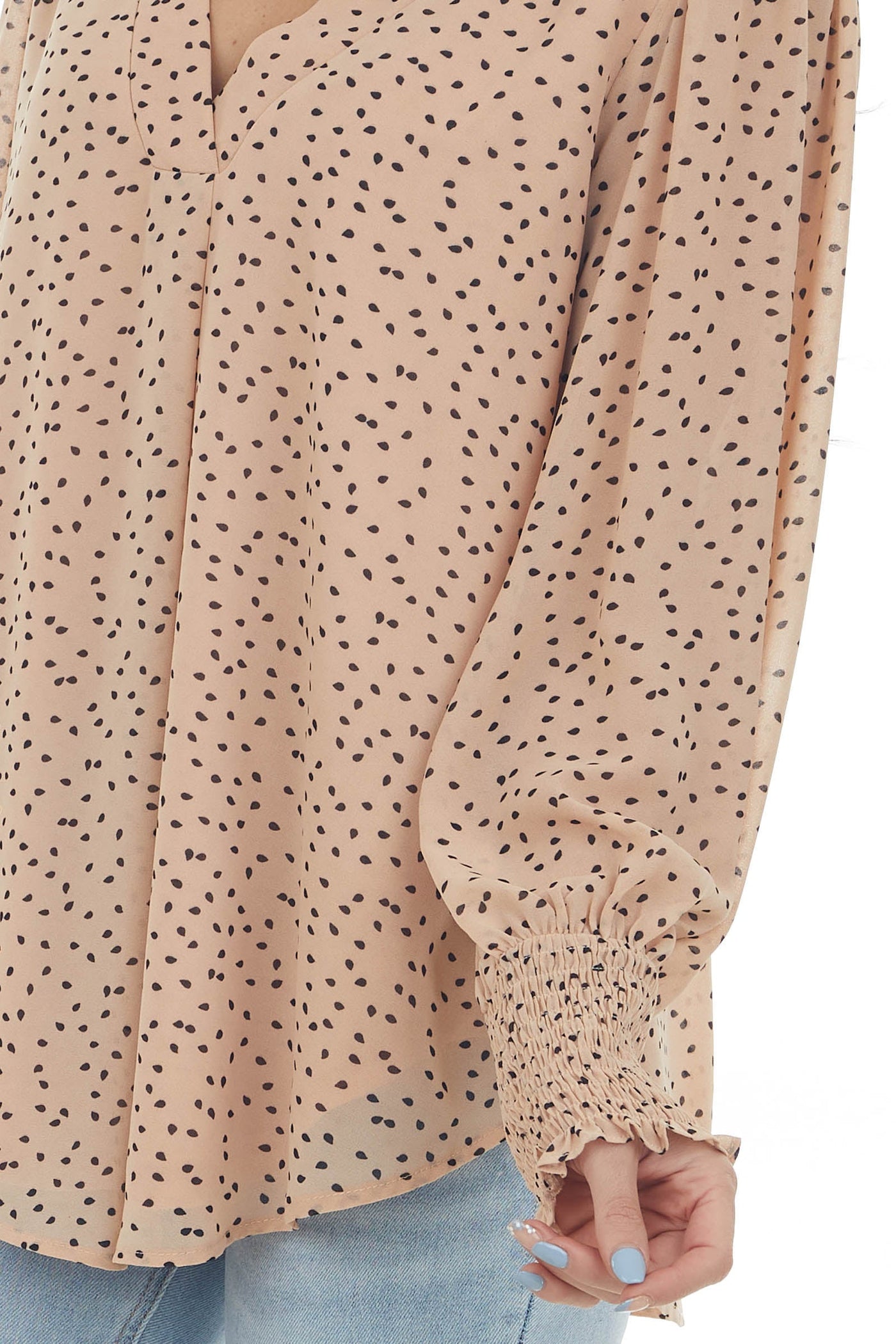 Apricot Spotted V Neck Bubble Sleeve Blouse