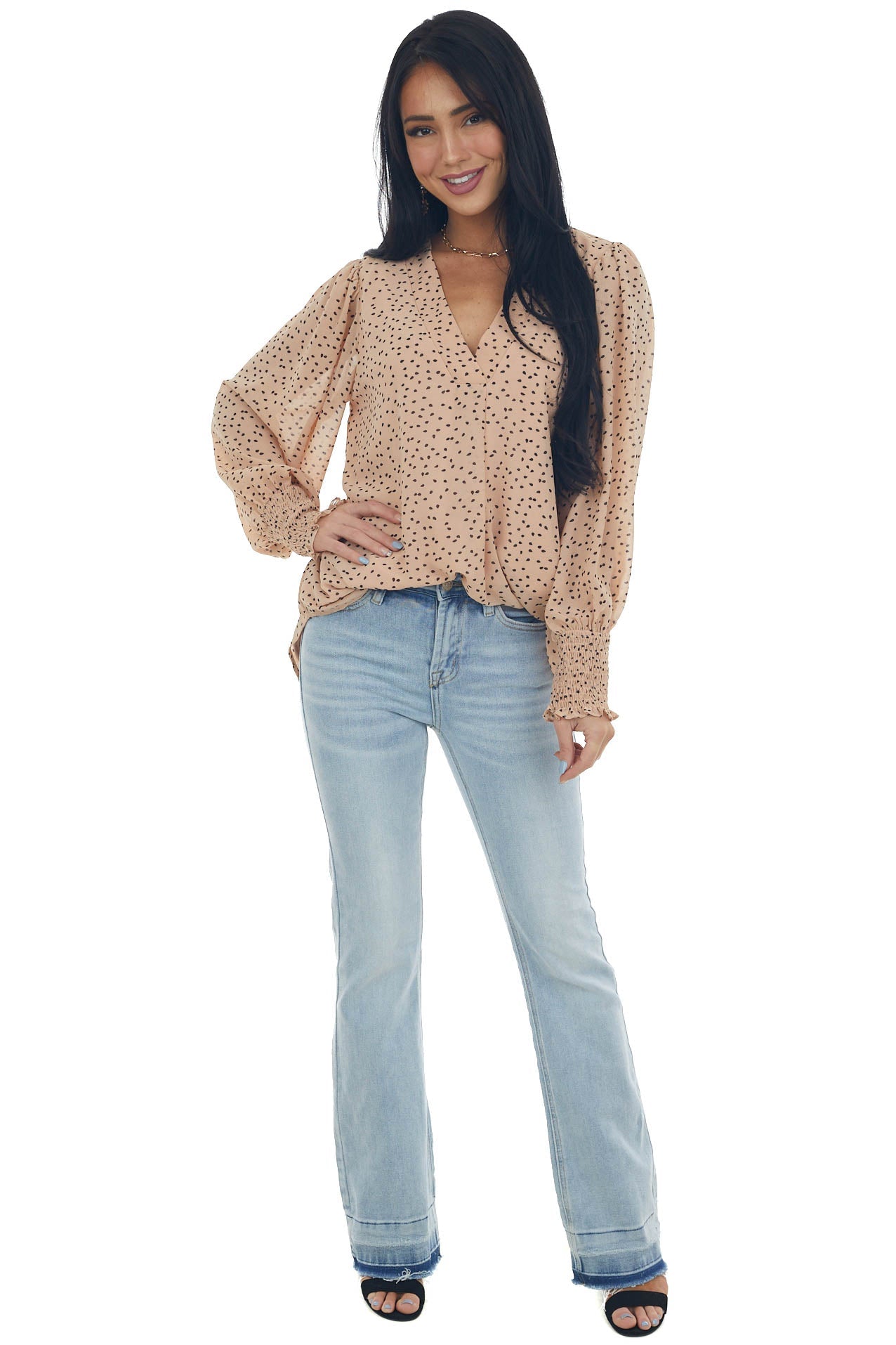 Apricot Spotted V Neck Bubble Sleeve Blouse