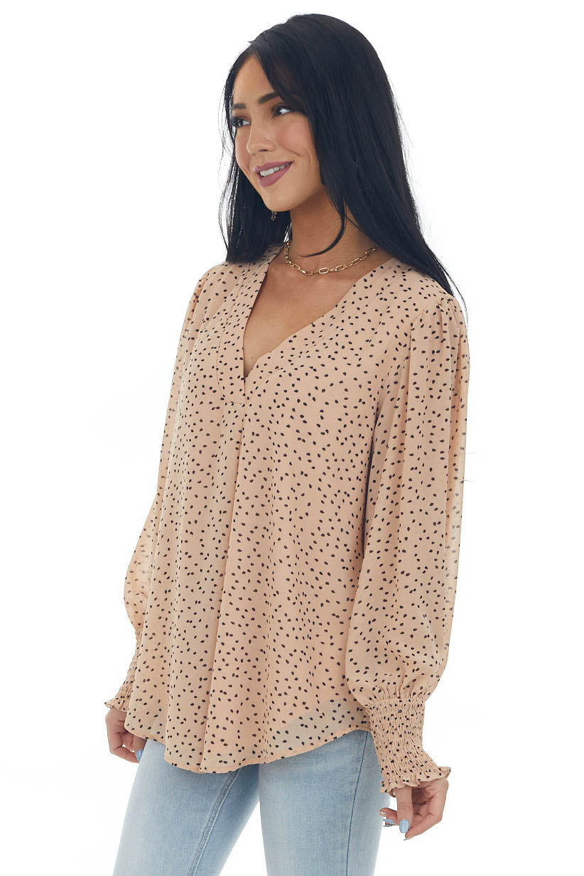Apricot Spotted V Neck Bubble Sleeve Blouse