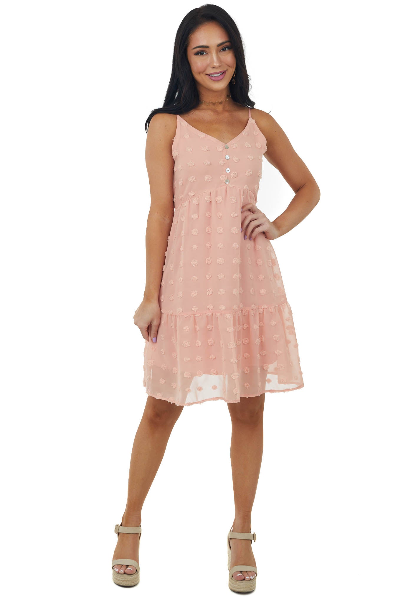 Apricot Swiss Dot Sleeveless Short Dress