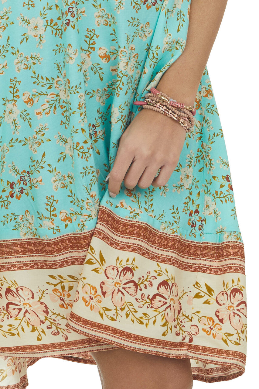 Aqua Blue Floral Print Sleeveless Flowy Mini Dress