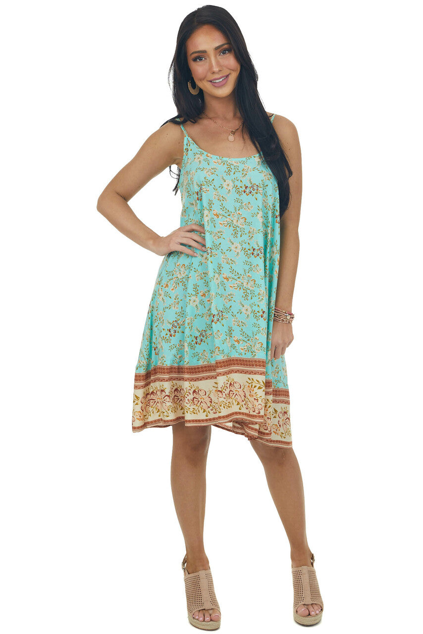 Aqua Blue Floral Print Sleeveless Flowy Mini Dress