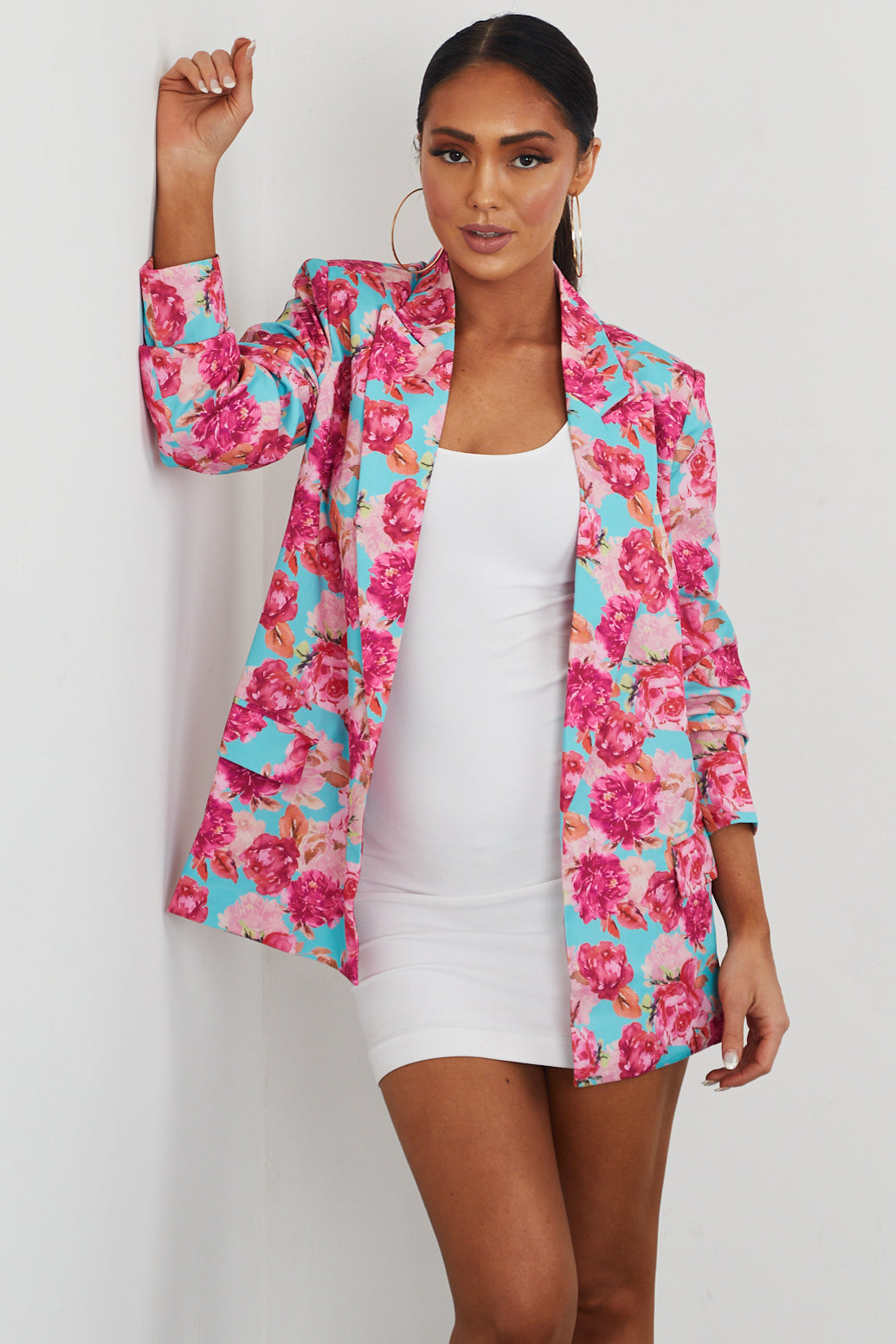 Aqua Floral Print Long Sleeve Open Front Blazer