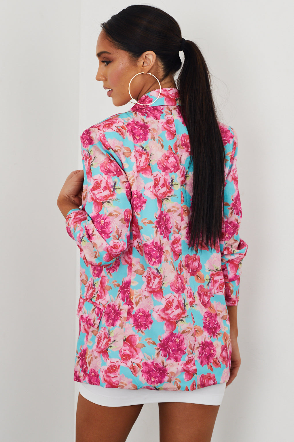 Aqua Floral Print Long Sleeve Open Front Blazer