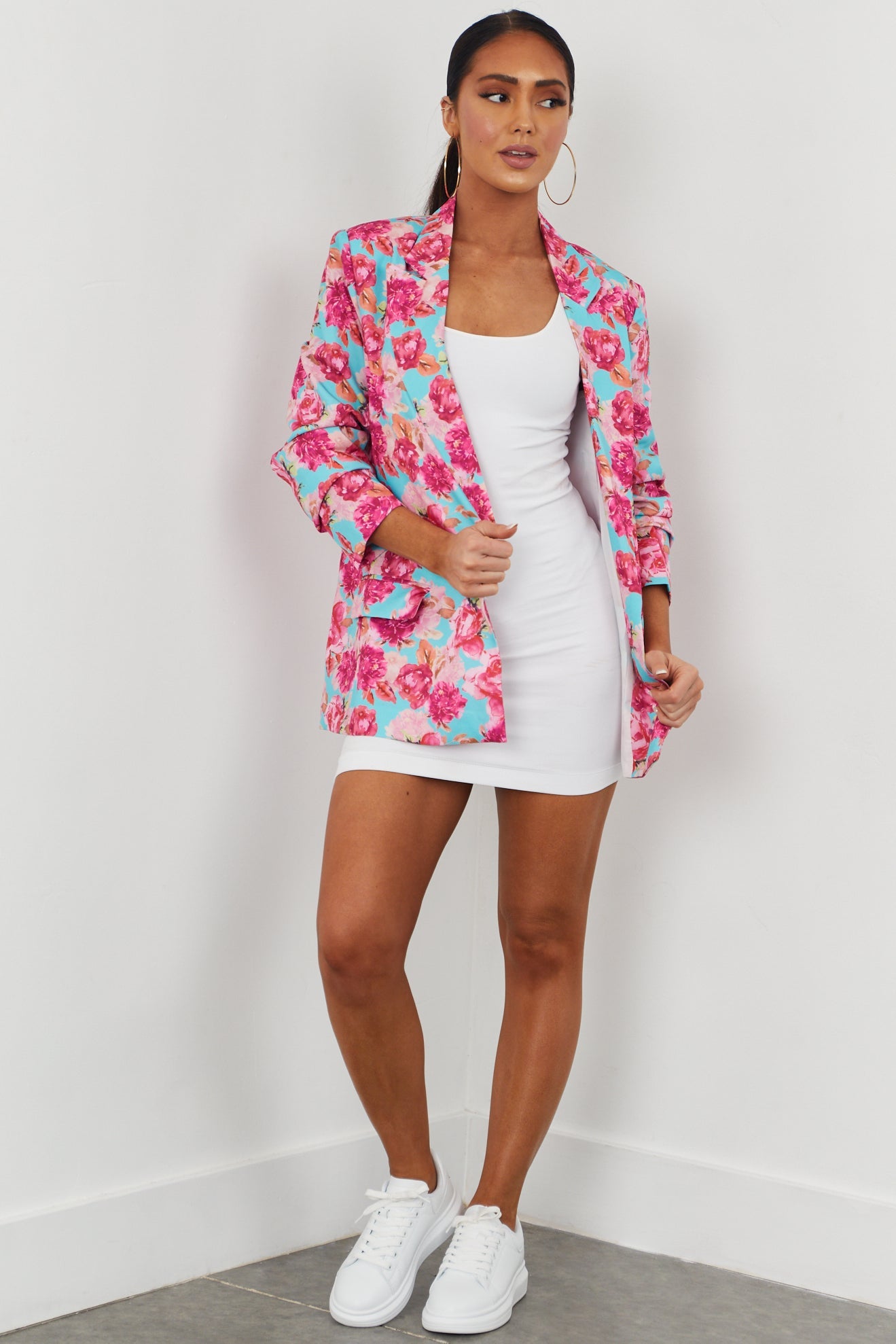 Aqua Floral Print Long Sleeve Open Front Blazer
