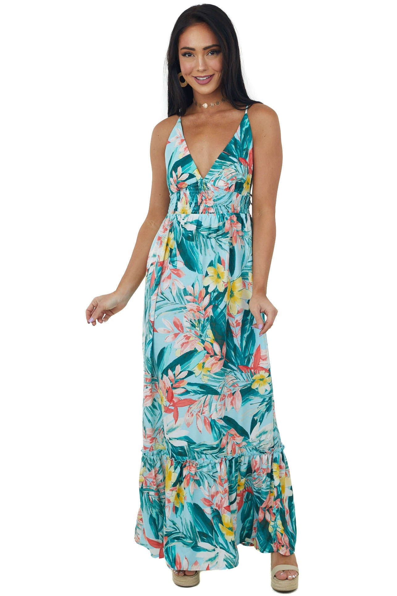 Aqua Floral Print Sleeveless Tiered Maxi Dress