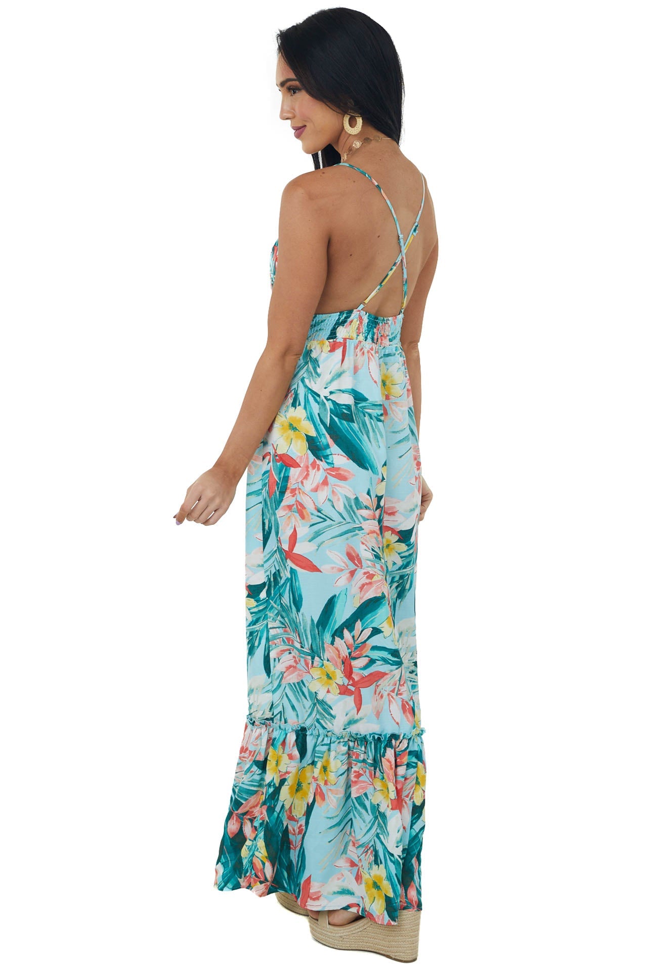 Aqua Floral Print Sleeveless Tiered Maxi Dress