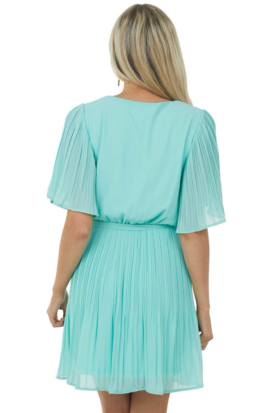 Aqua Half Sleeve Pleated Surplice Mini Dress